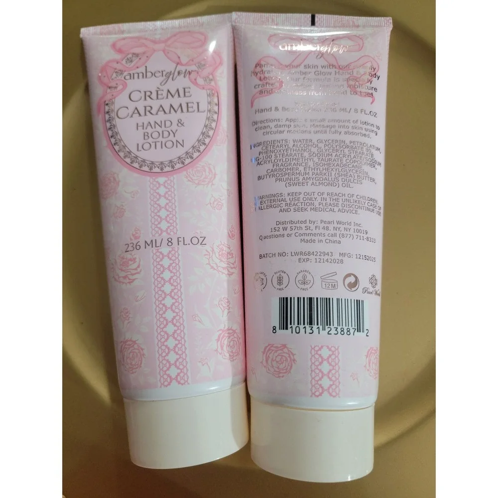Amber Glow Creme Caramel‎ Hand and Body Lotion 8 fl oz 2 Pack Pink Coquette Set